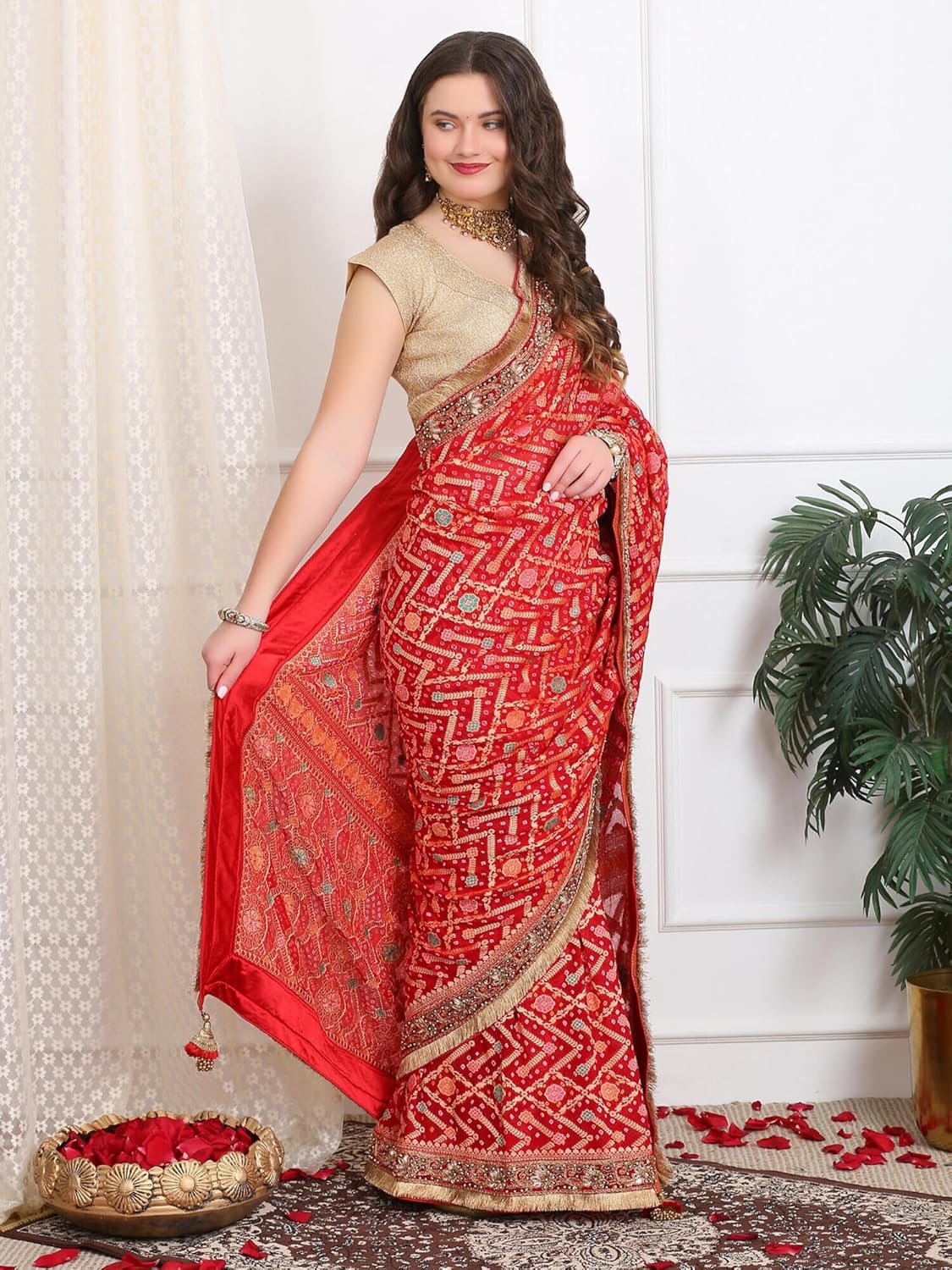 Dress & Dazzle Women’s Royal Red Khaddi Georgette Bandhej Saree with Banarasi Weave & Meena Stone Work Border for Wedding, Party & Cultural Celebrations