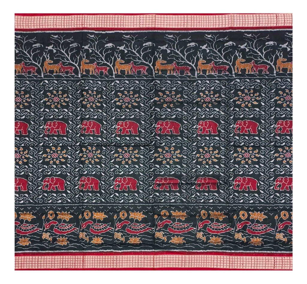 OdiKala sambalpuri silk saree with blouse piece(Animal and flower design in black color base)