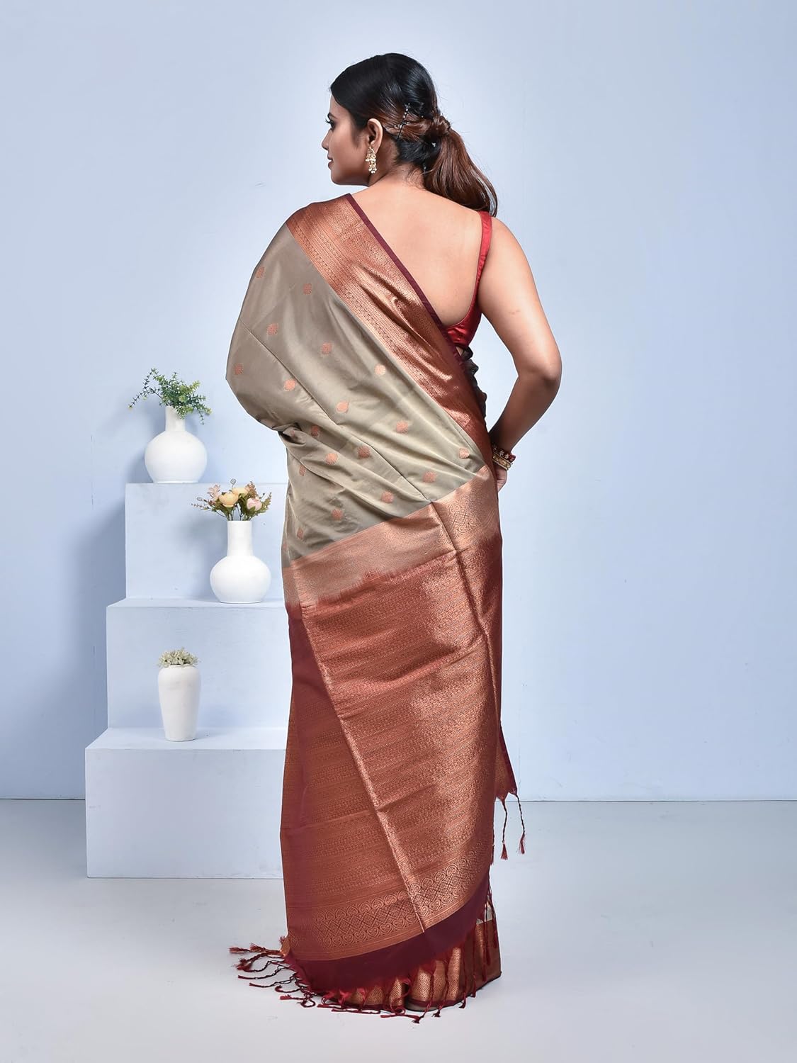 Stotra Grey Floral Butta Design Pure Kanjeevaram Silk Saree with Maroon Border