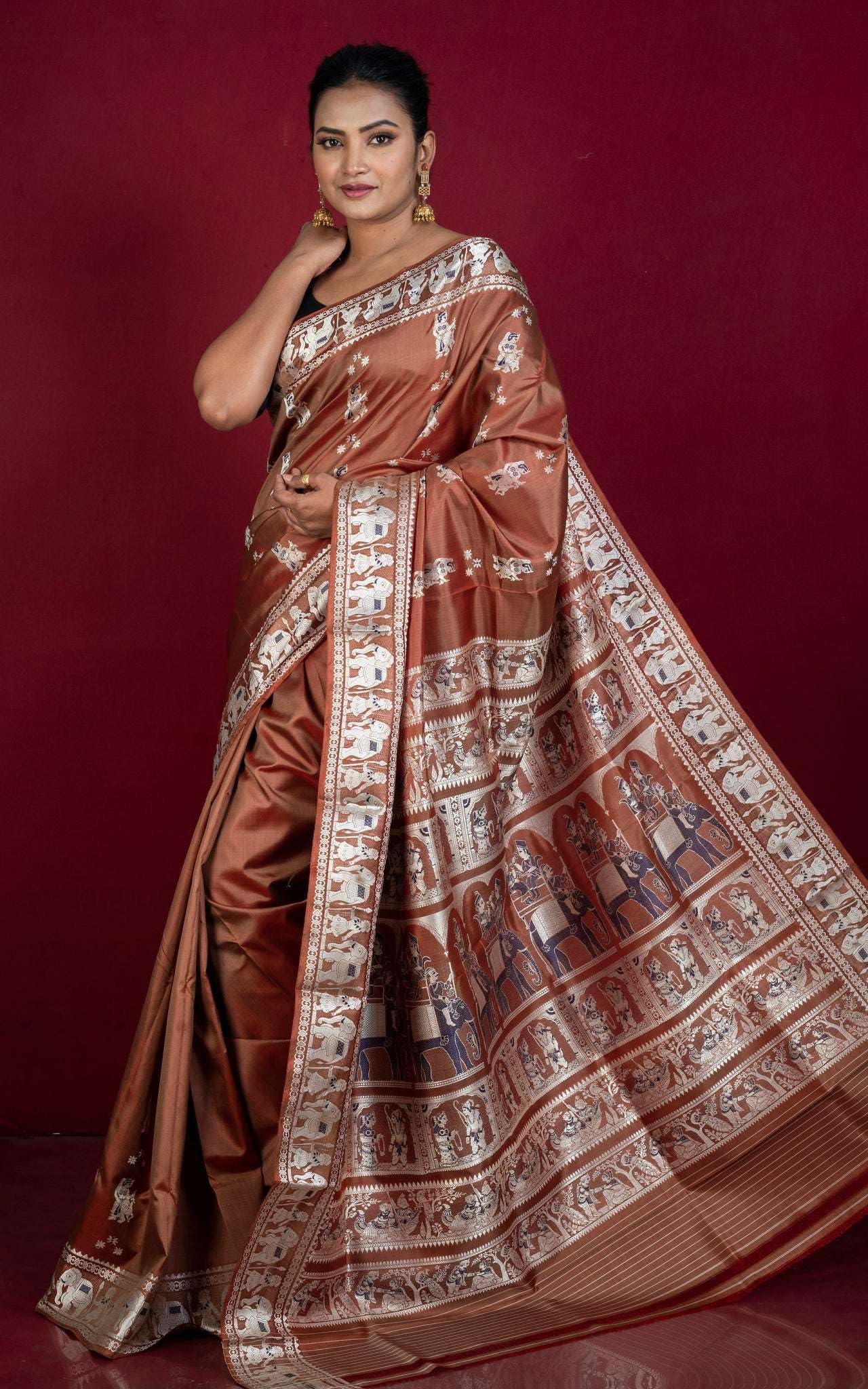 Bengal Looms India - Handwoven Minakari Baluchari Pure Silk Saree in Old Brick, Beige and Dark Blue