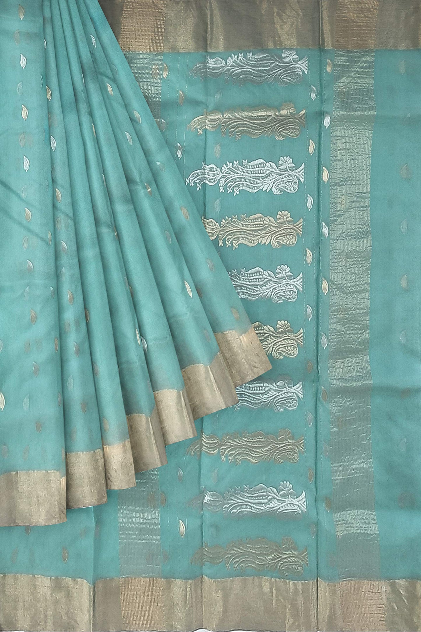 HerClozet Chanderi Handwoven katan Silk Saree zari Border-6.3 mtr(Sea Green)