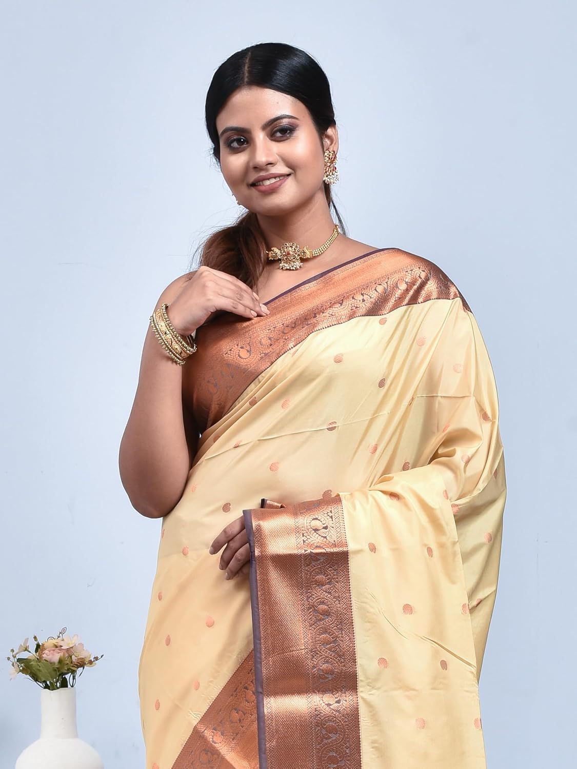 Stotra Beige Butta Design Pure Kanjeevaram Silk Saree with Purple Border