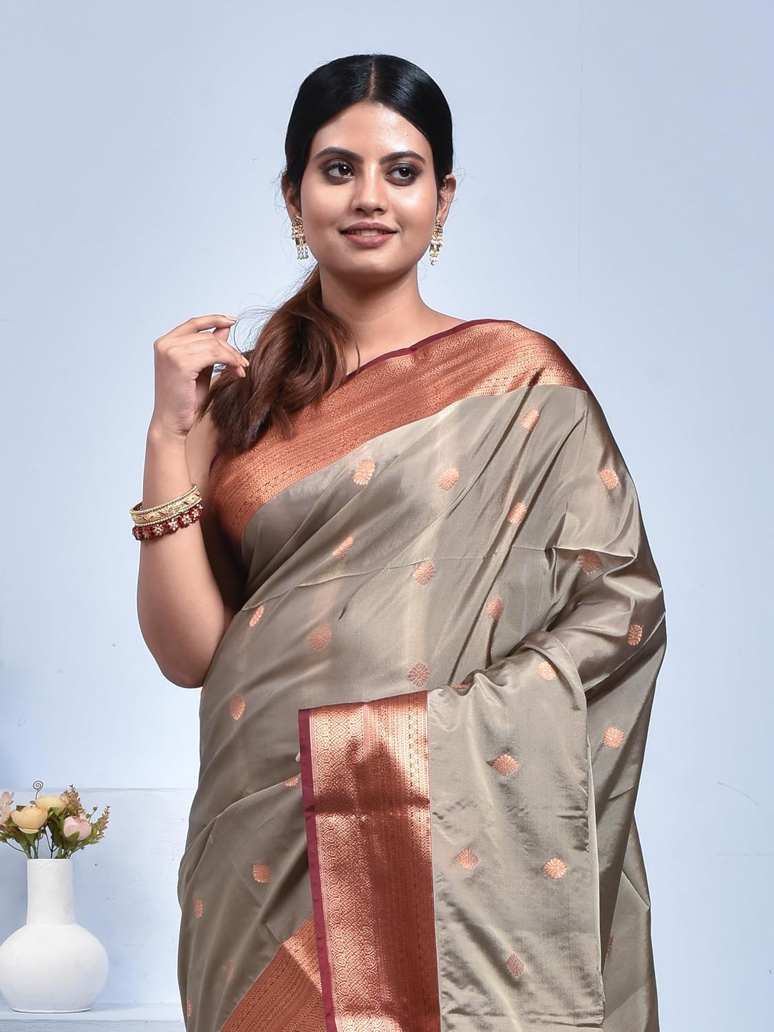 Stotra Grey Floral Butta Design Pure Kanjeevaram Silk Saree with Maroon Border