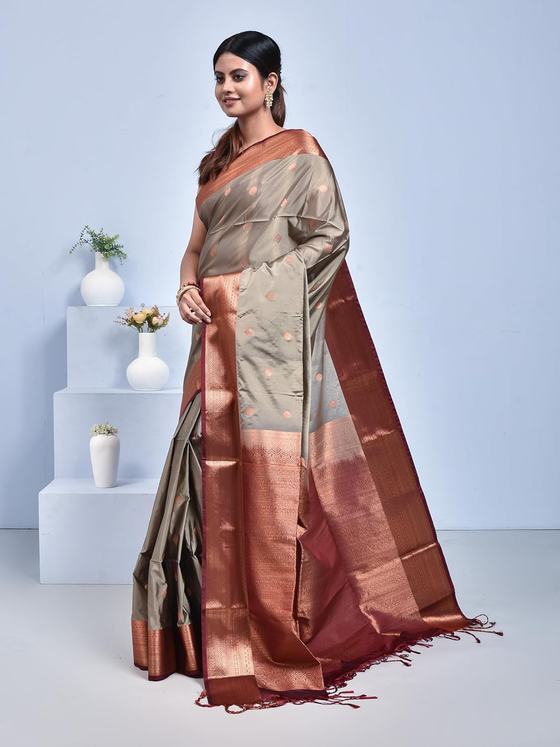 Stotra Grey Floral Butta Design Pure Kanjeevaram Silk Saree with Maroon Border
