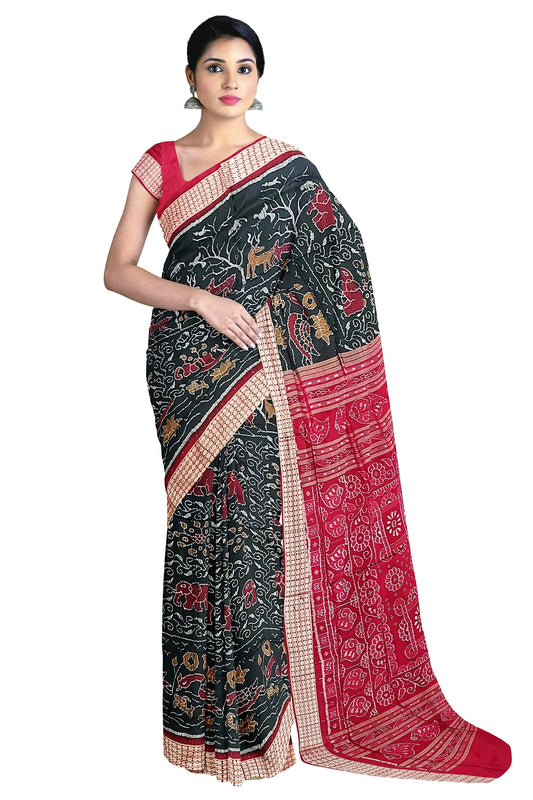 OdiKala sambalpuri silk saree with blouse piece(Animal and flower design in black color base)