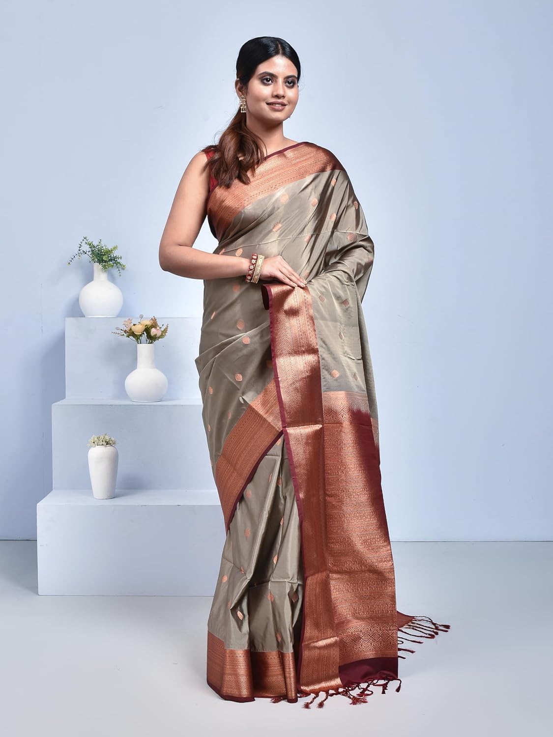 Stotra Grey Floral Butta Design Pure Kanjeevaram Silk Saree with Maroon Border