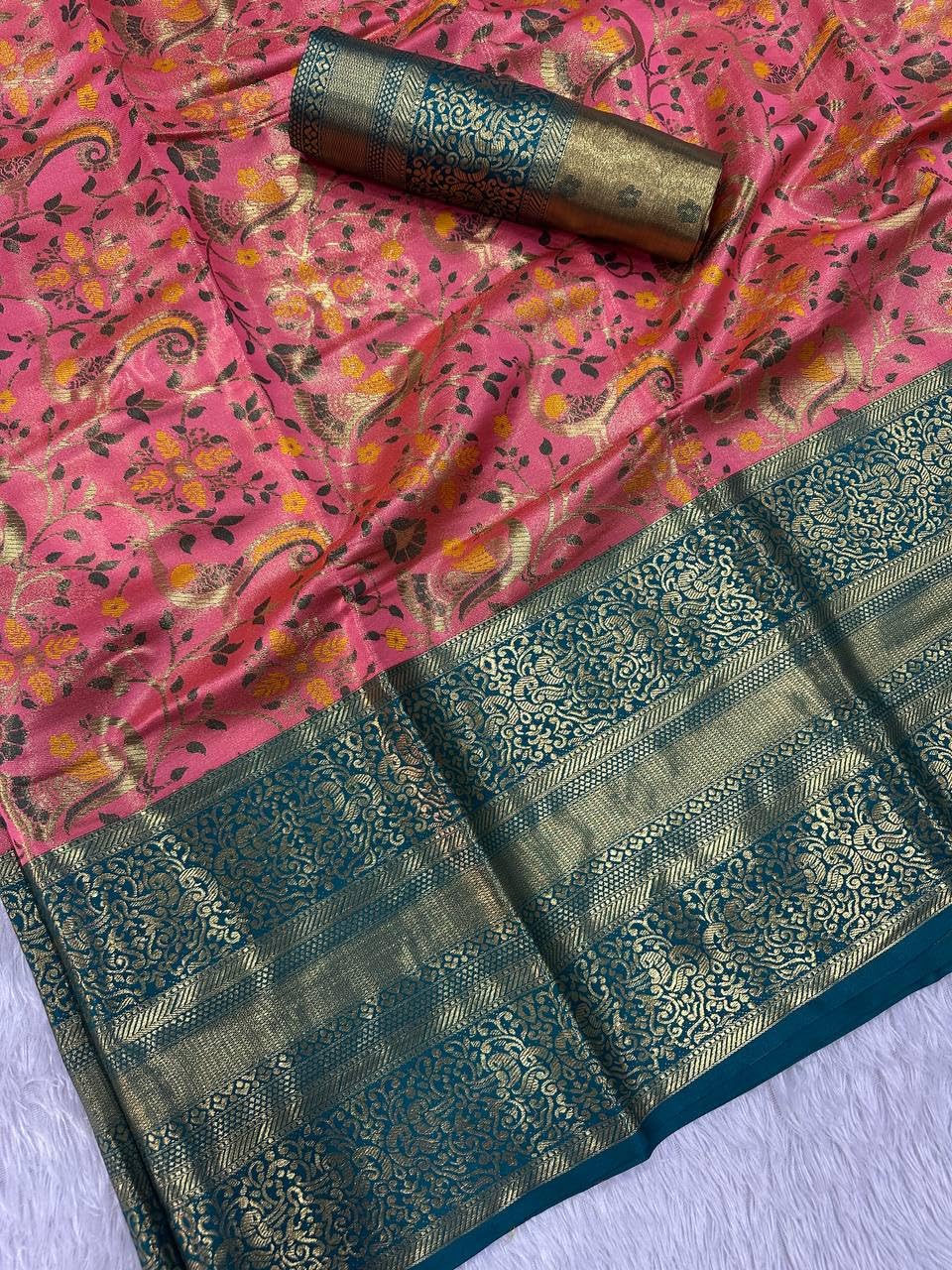 Veglari Women's Kanchipattu Hand Wowen Pure Jari Wewing Original Kanjivaram Jacqurad Rajwadi Himbavat Original Pink Colour Print Kalmkari Sarees With Blouses Piecs For Wedding