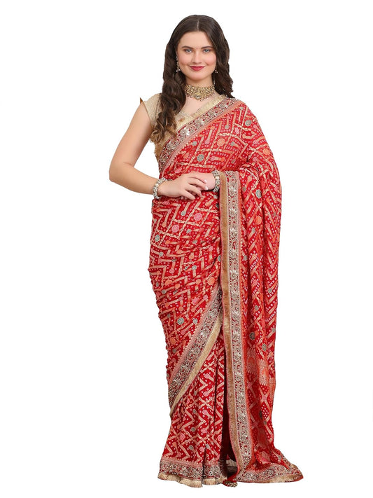 Dress & Dazzle Women’s Royal Red Khaddi Georgette Bandhej Saree with Banarasi Weave & Meena Stone Work Border for Wedding, Party & Cultural Celebrations