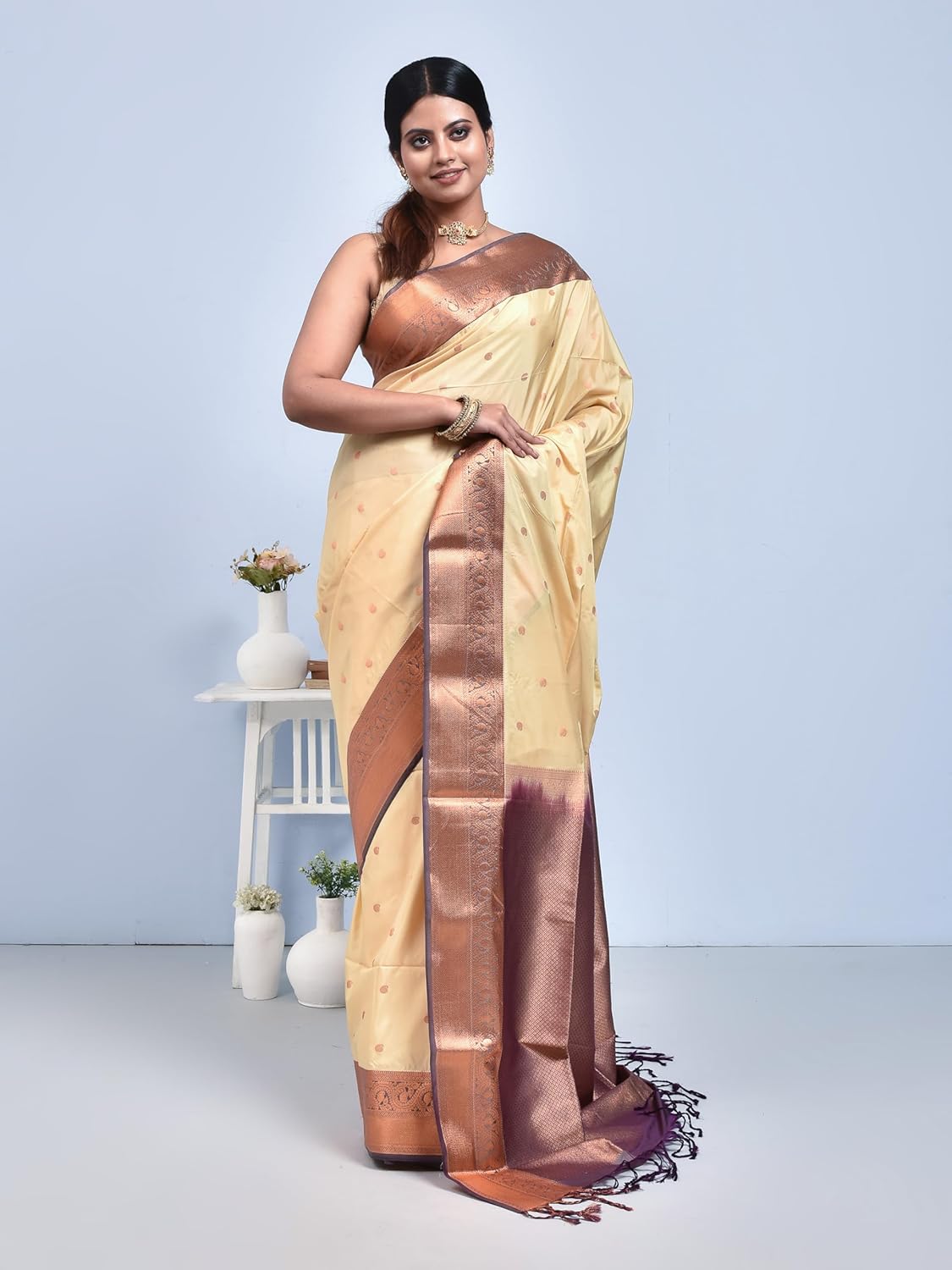 Stotra Beige Butta Design Pure Kanjeevaram Silk Saree with Purple Border