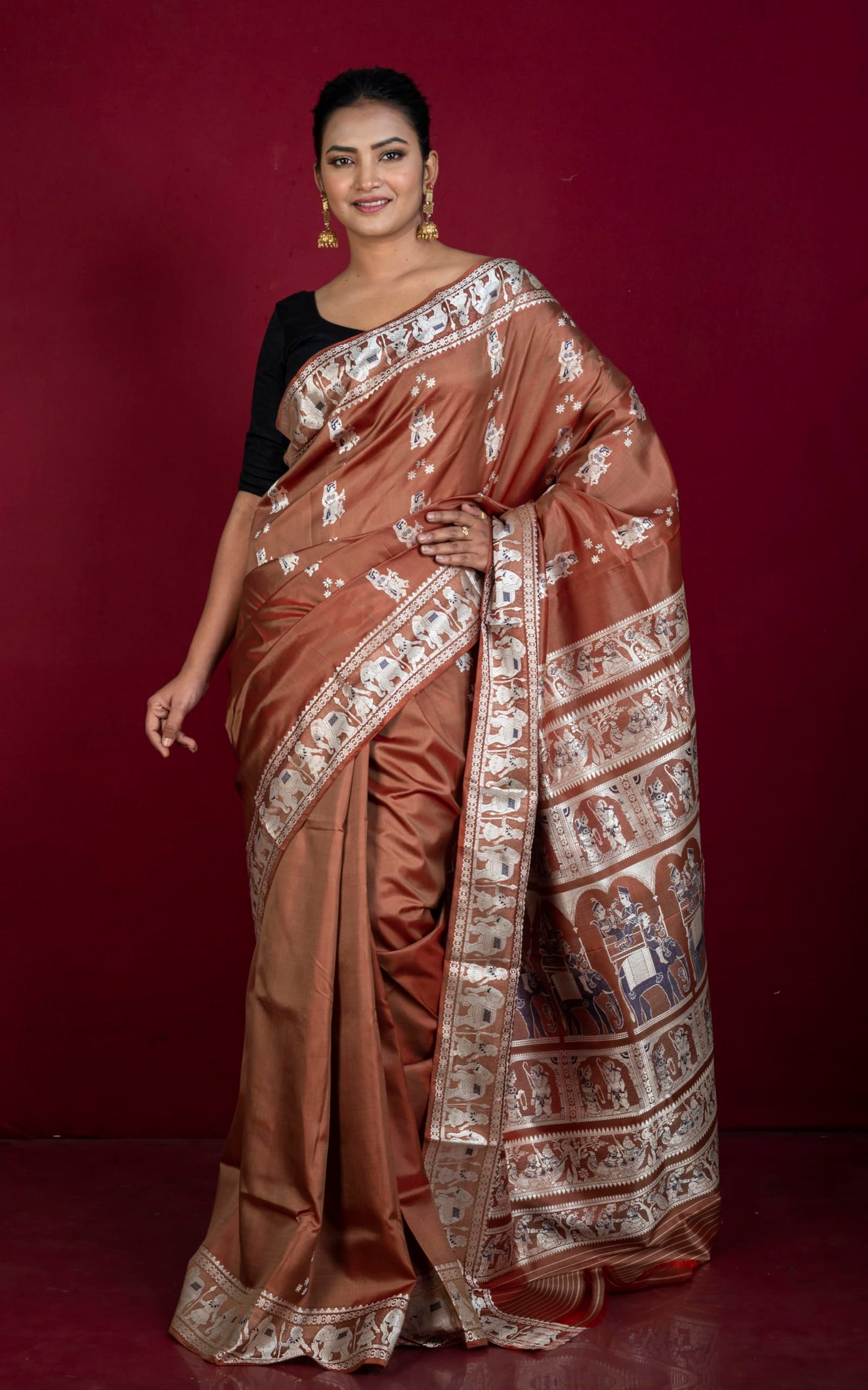 Bengal Looms India - Handwoven Minakari Baluchari Pure Silk Saree in Old Brick, Beige and Dark Blue