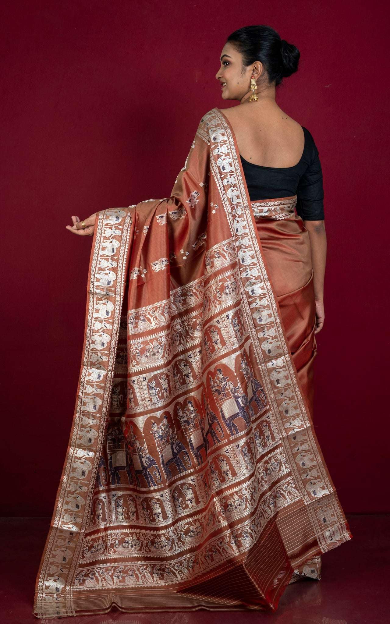 Bengal Looms India - Handwoven Minakari Baluchari Pure Silk Saree in Old Brick, Beige and Dark Blue
