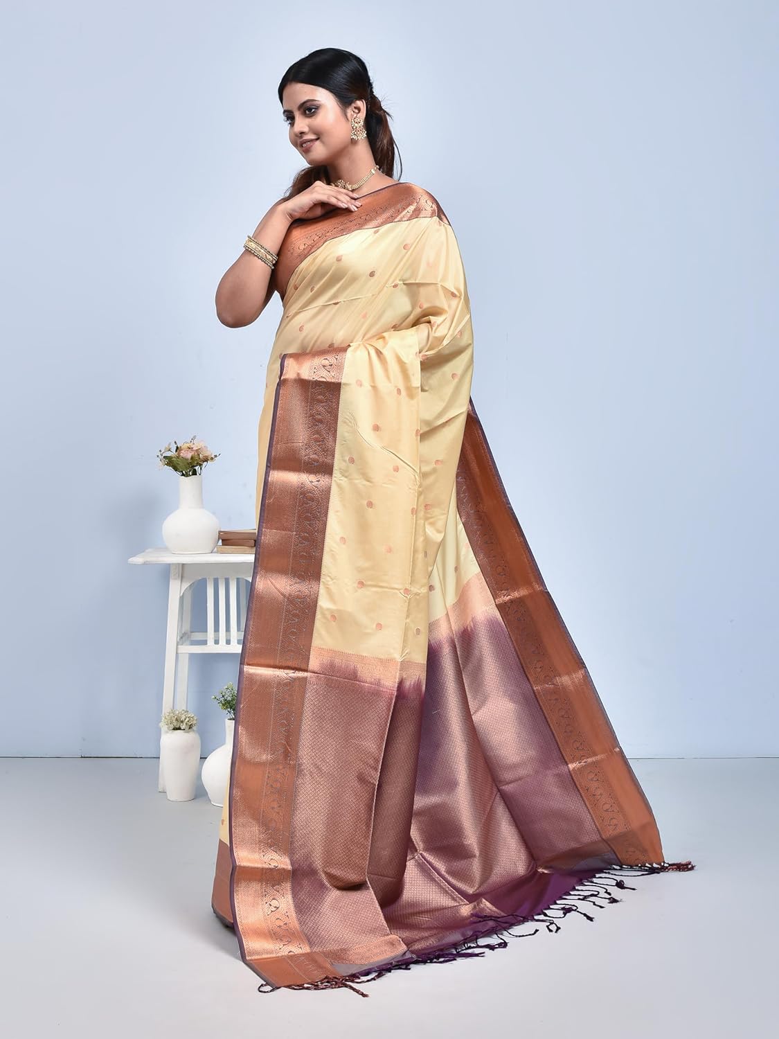 Stotra Beige Butta Design Pure Kanjeevaram Silk Saree with Purple Border