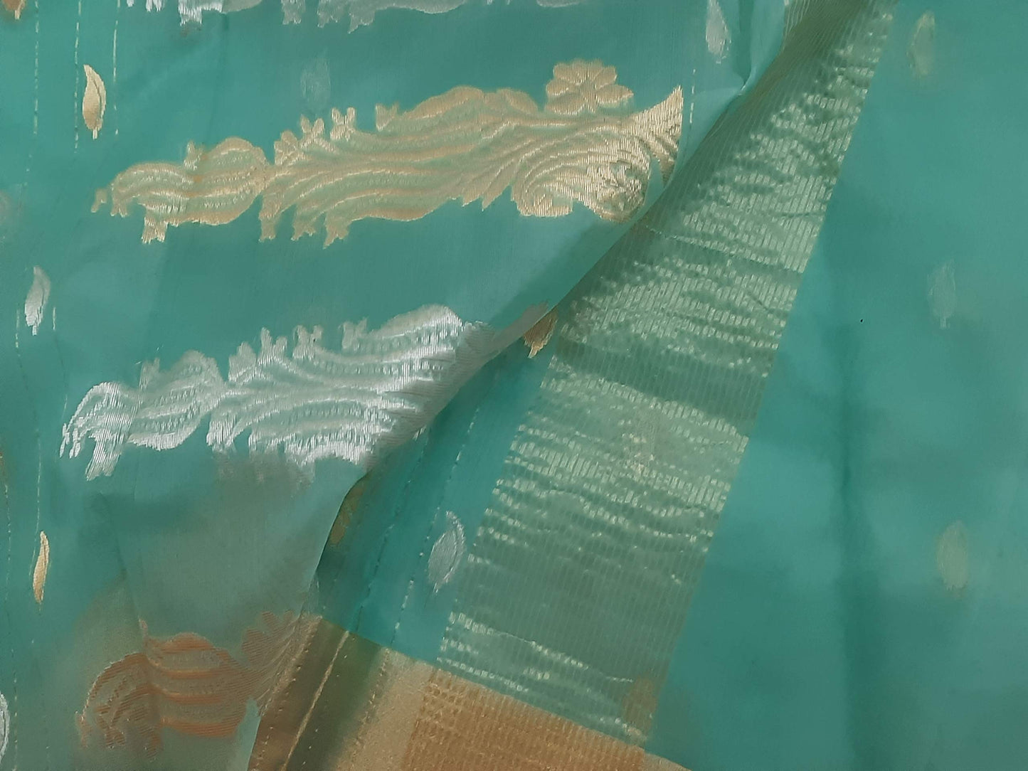 HerClozet Chanderi Handwoven katan Silk Saree zari Border-6.3 mtr(Sea Green)