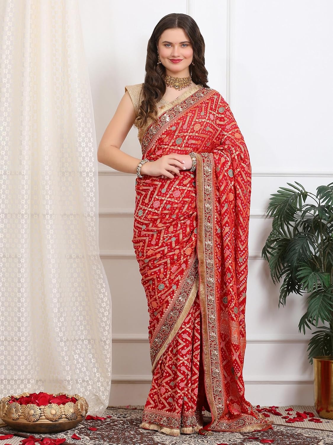 Dress & Dazzle Women’s Royal Red Khaddi Georgette Bandhej Saree with Banarasi Weave & Meena Stone Work Border for Wedding, Party & Cultural Celebrations