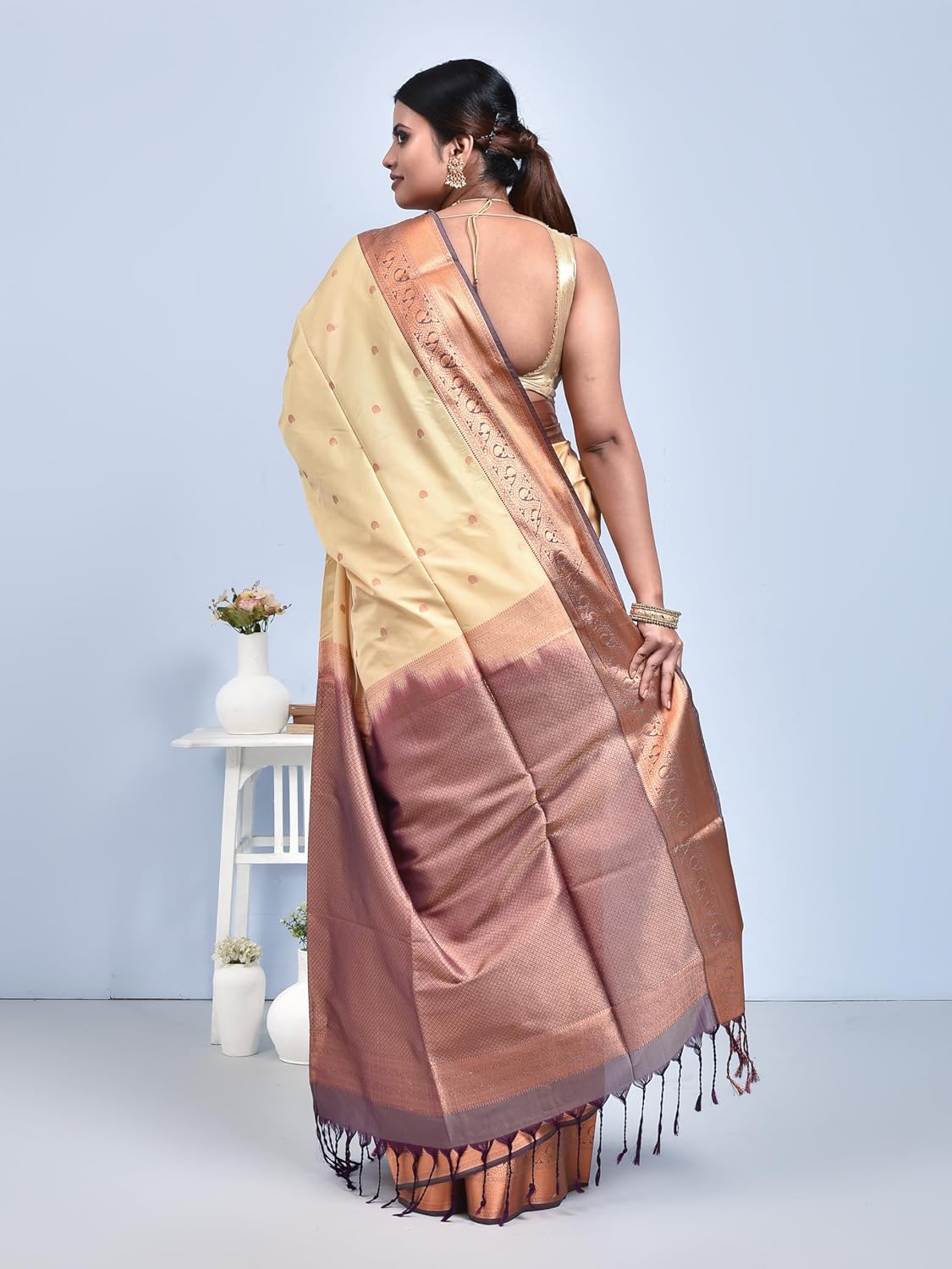 Stotra Beige Butta Design Pure Kanjeevaram Silk Saree with Purple Border