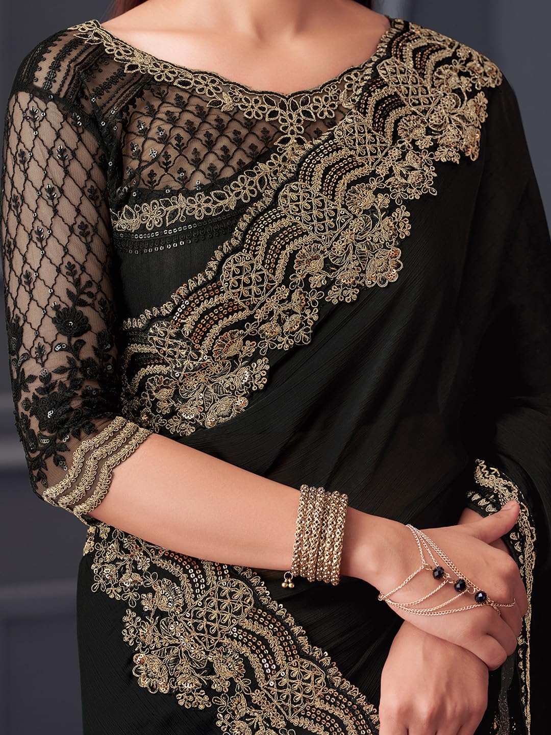 AKHILAM Women's Black Satin Silk Embroidered Saree With Unstitched Blouse (SILVER30015_TFH)