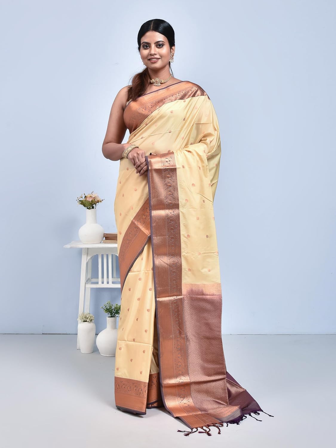 Stotra Beige Butta Design Pure Kanjeevaram Silk Saree with Purple Border