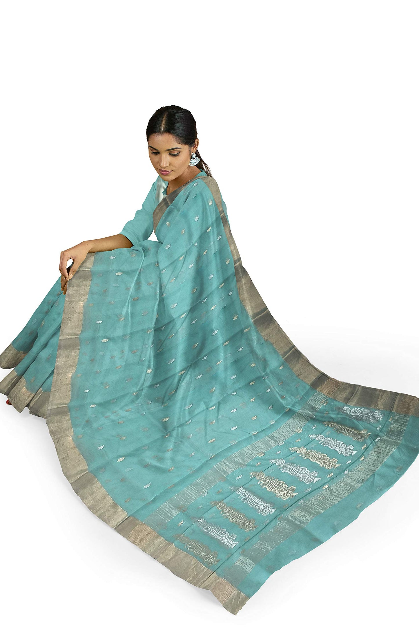 HerClozet Chanderi Handwoven katan Silk Saree zari Border-6.3 mtr(Sea Green)