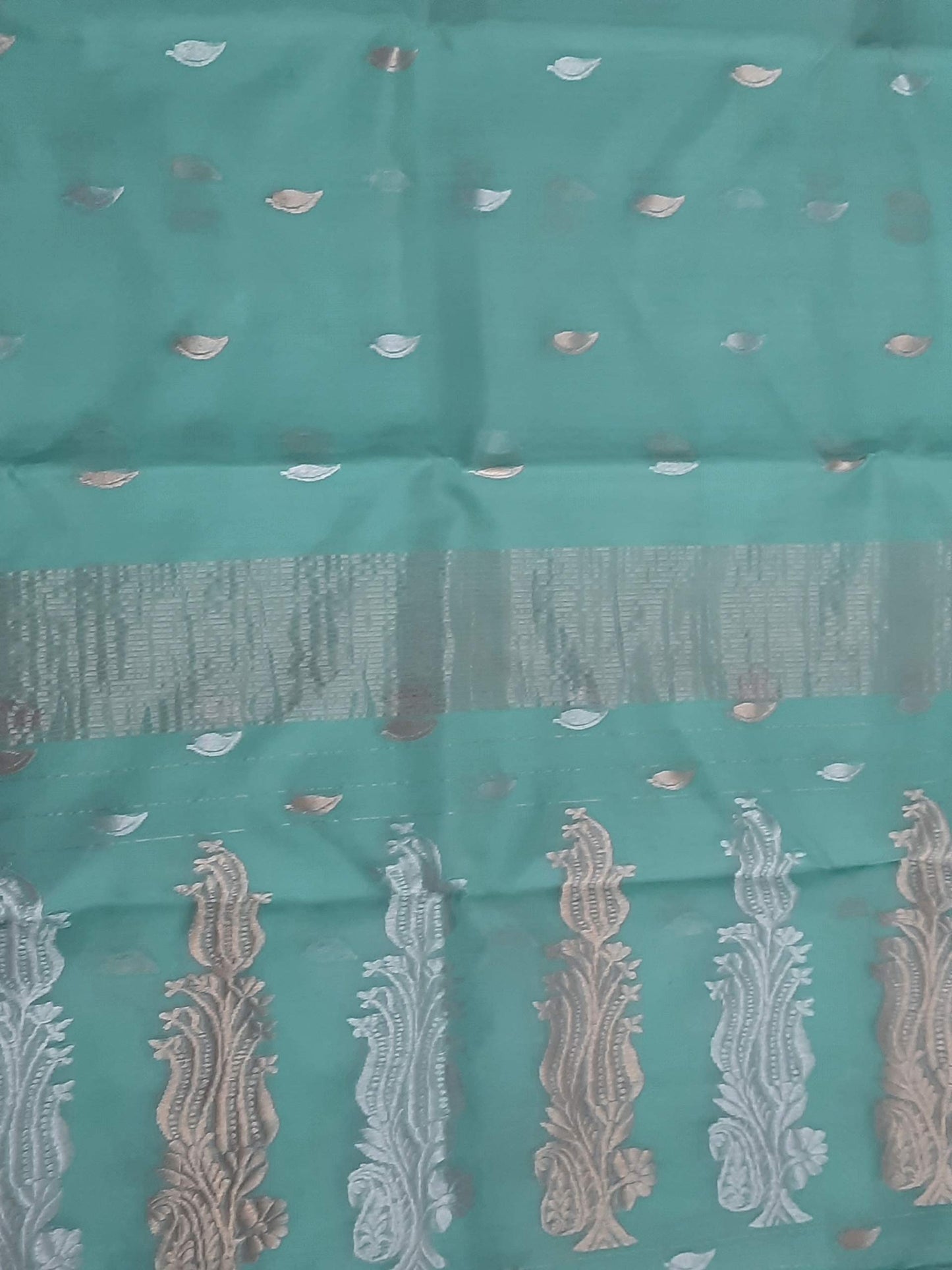 HerClozet Chanderi Handwoven katan Silk Saree zari Border-6.3 mtr(Sea Green)