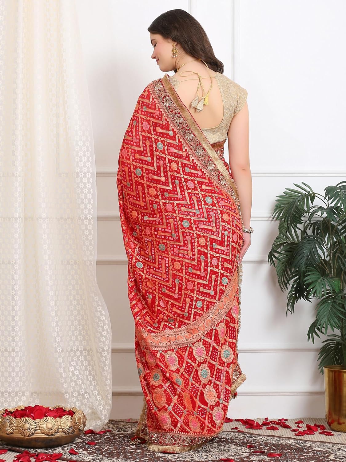 Dress & Dazzle Women’s Royal Red Khaddi Georgette Bandhej Saree with Banarasi Weave & Meena Stone Work Border for Wedding, Party & Cultural Celebrations