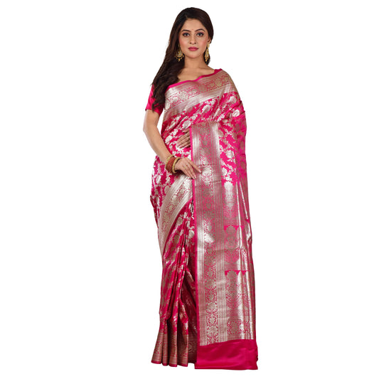 Aishani Collection Woven Pure Katan Silk Banarasi Wedding Traditional Saree for Women with bp (Multicolor) (Dark Pink3)