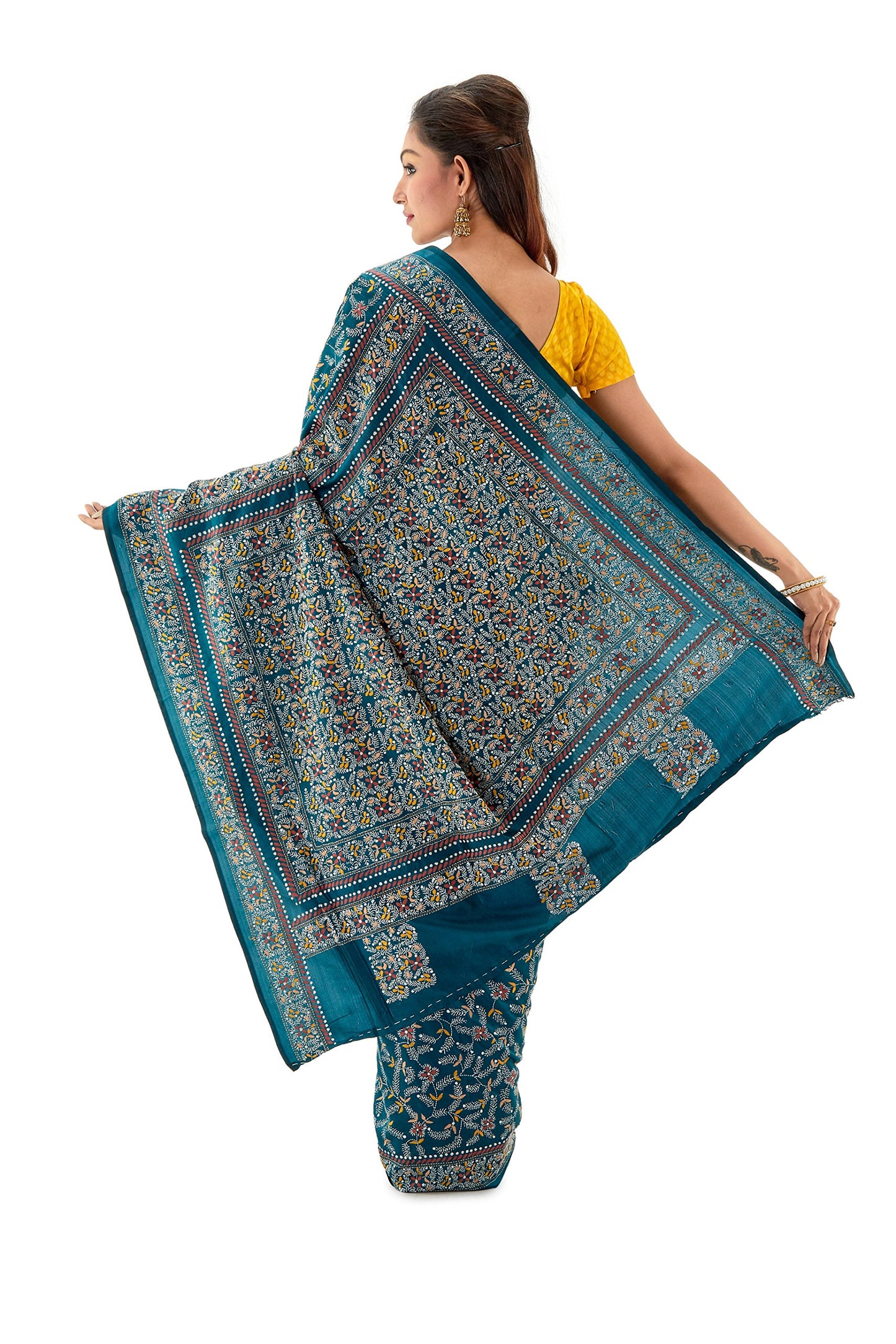 PRANTIKA Women's Pure Silk Handloom Kantha Stitch Saree Metallic Blue K004