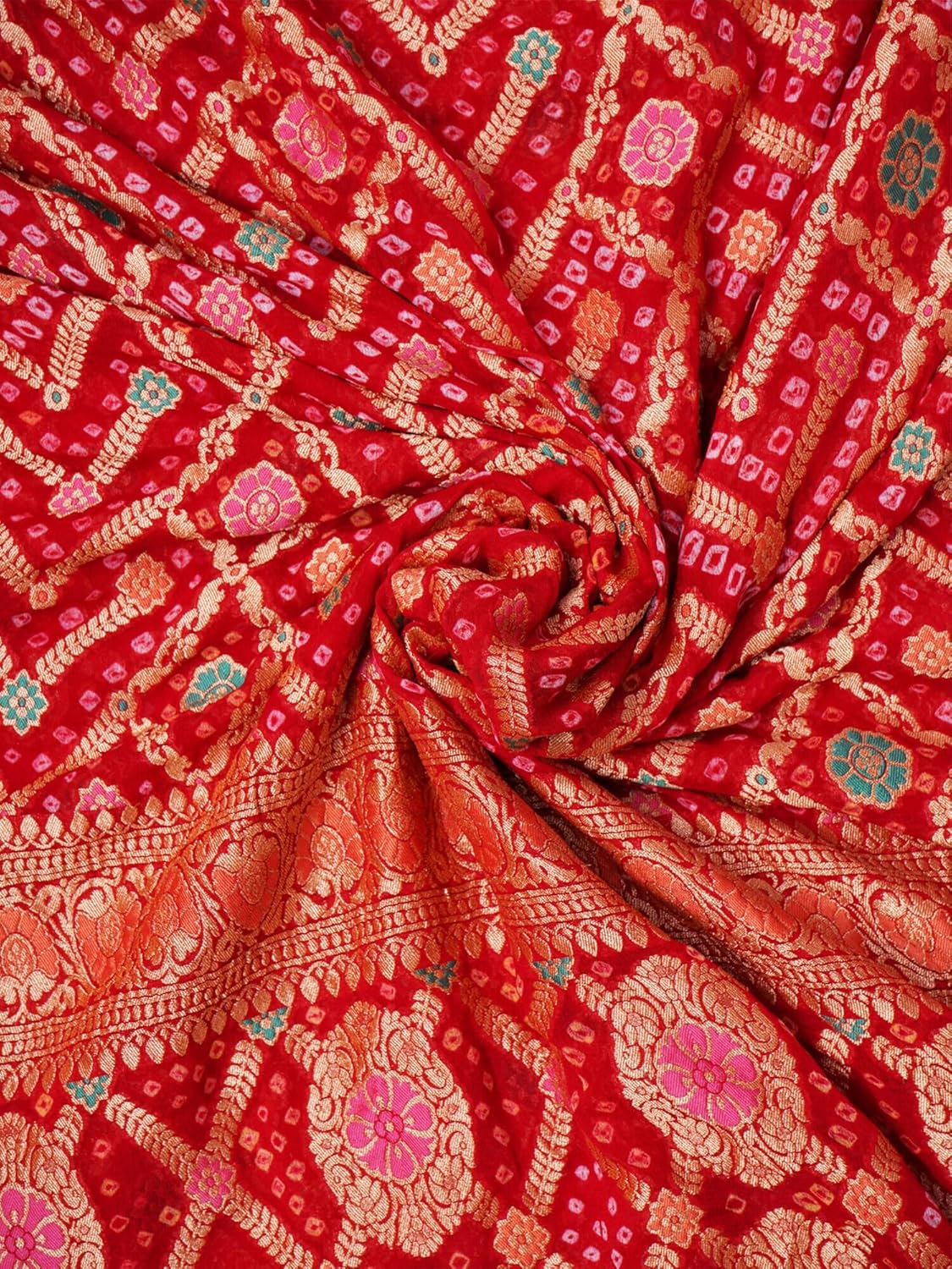 Dress & Dazzle Women’s Royal Red Khaddi Georgette Bandhej Saree with Banarasi Weave & Meena Stone Work Border for Wedding, Party & Cultural Celebrations