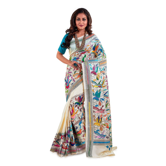 PRANTIKA Women's Pure Bangalore Silk Handloom Kantha Stitch Saree White K157AA