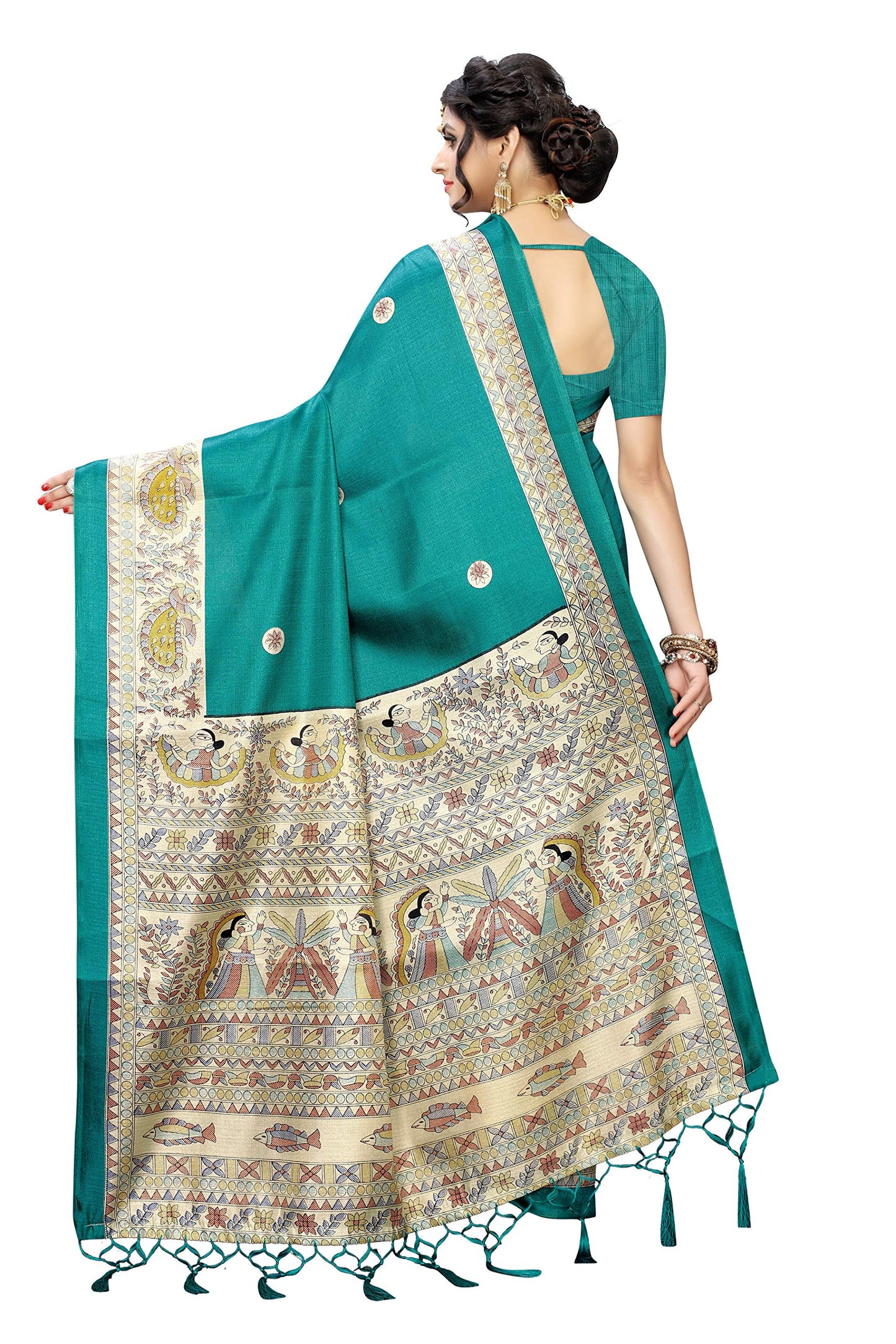 Orchid Brand Women's Cotton Patola Printed Saree with Unstitched Blouse Piece, GREEN
