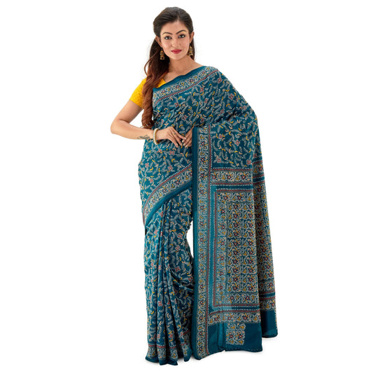 PRANTIKA Women's Pure Silk Handloom Kantha Stitch Saree Metallic Blue K004