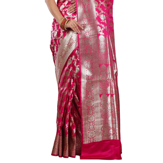 Aishani Collection Woven Pure Katan Silk Banarasi Wedding Traditional Saree for Women with bp (Multicolor) (Dark Pink3)