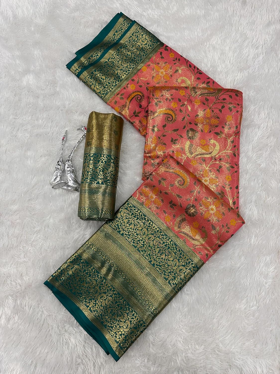 Veglari Women's Kanchipattu Hand Wowen Pure Jari Wewing Original Kanjivaram Jacqurad Rajwadi Himbavat Original Pink Colour Print Kalmkari Sarees With Blouses Piecs For Wedding