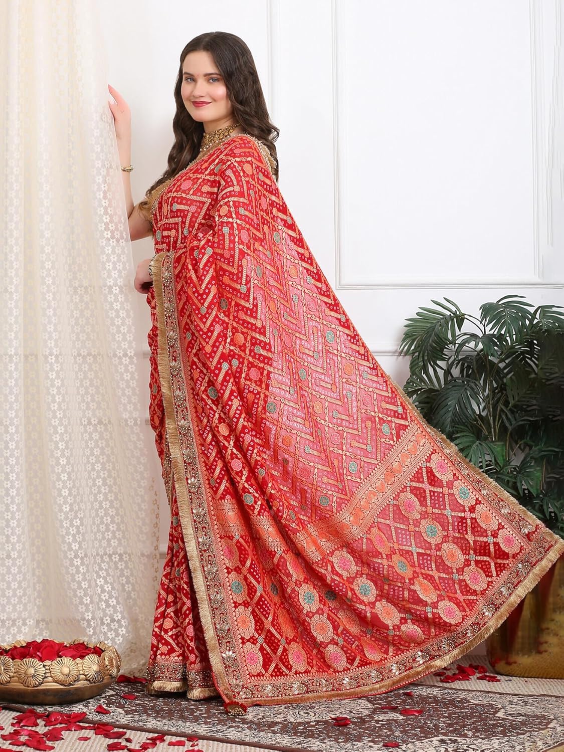 Dress & Dazzle Women’s Royal Red Khaddi Georgette Bandhej Saree with Banarasi Weave & Meena Stone Work Border for Wedding, Party & Cultural Celebrations