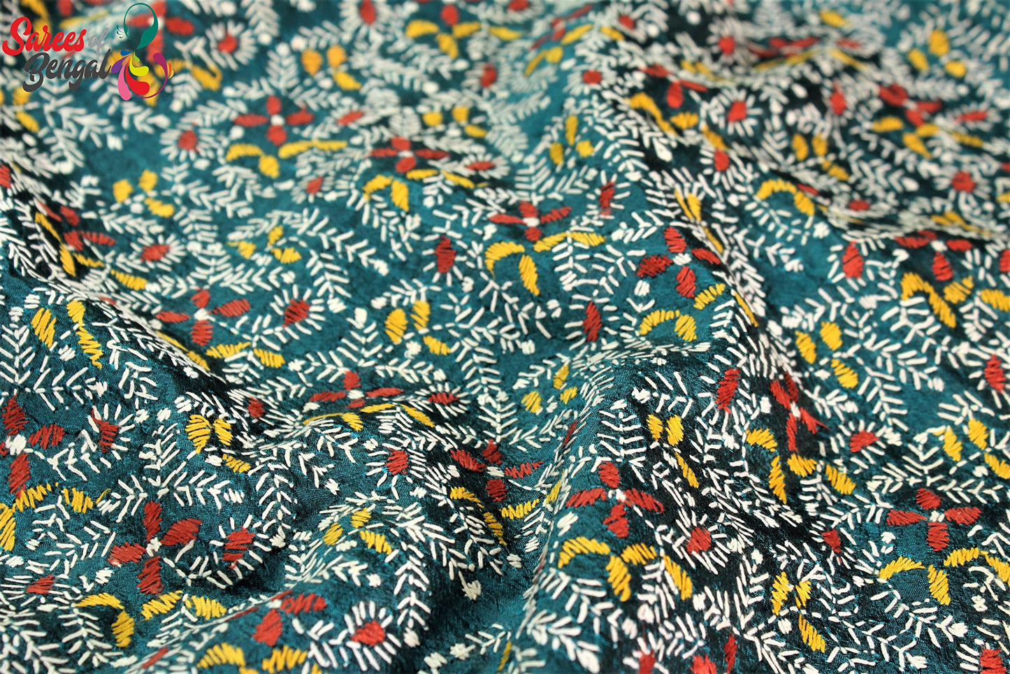 PRANTIKA Women's Pure Silk Handloom Kantha Stitch Saree Metallic Blue K004