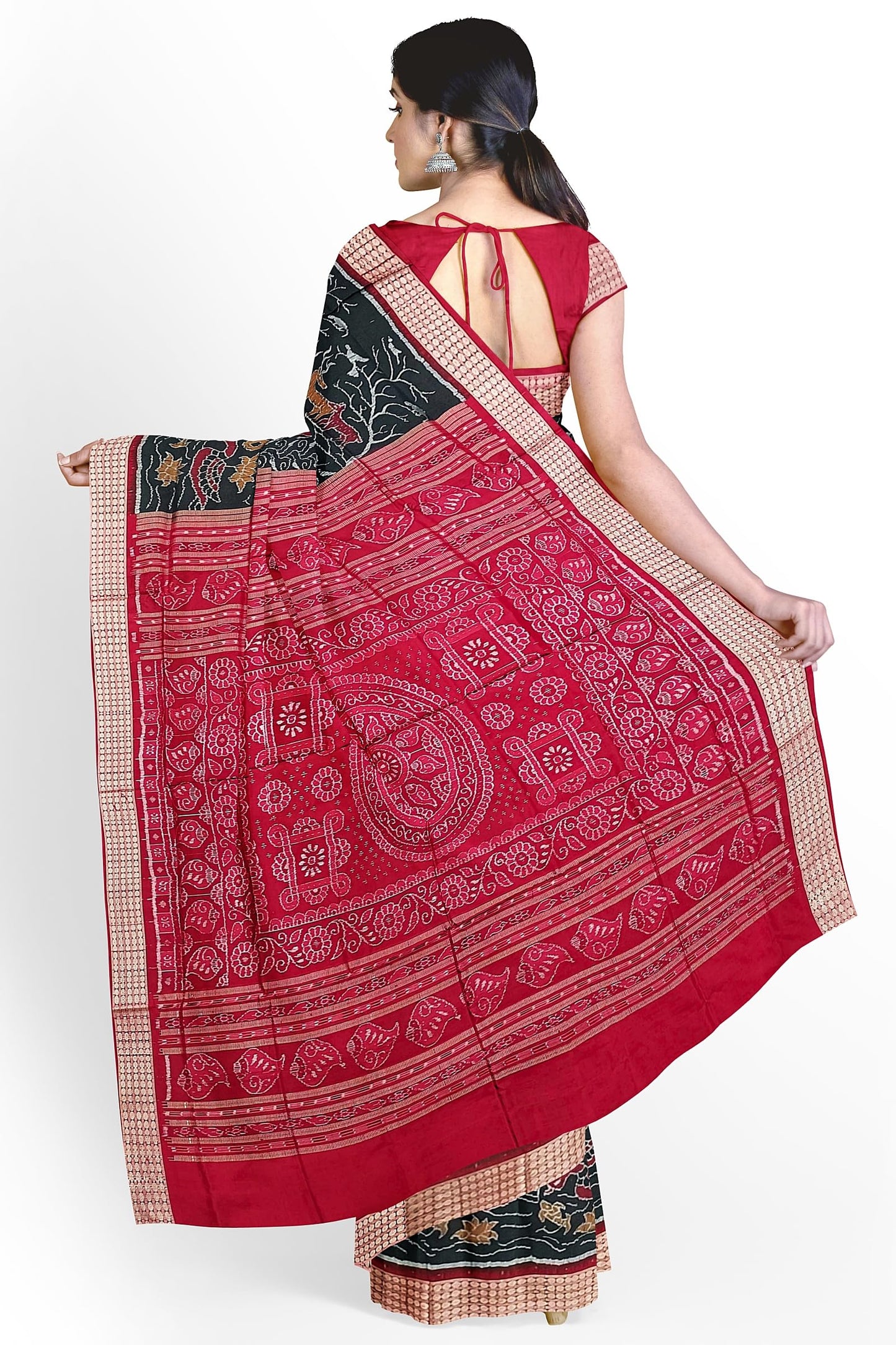 OdiKala sambalpuri silk saree with blouse piece(Animal and flower design in black color base)
