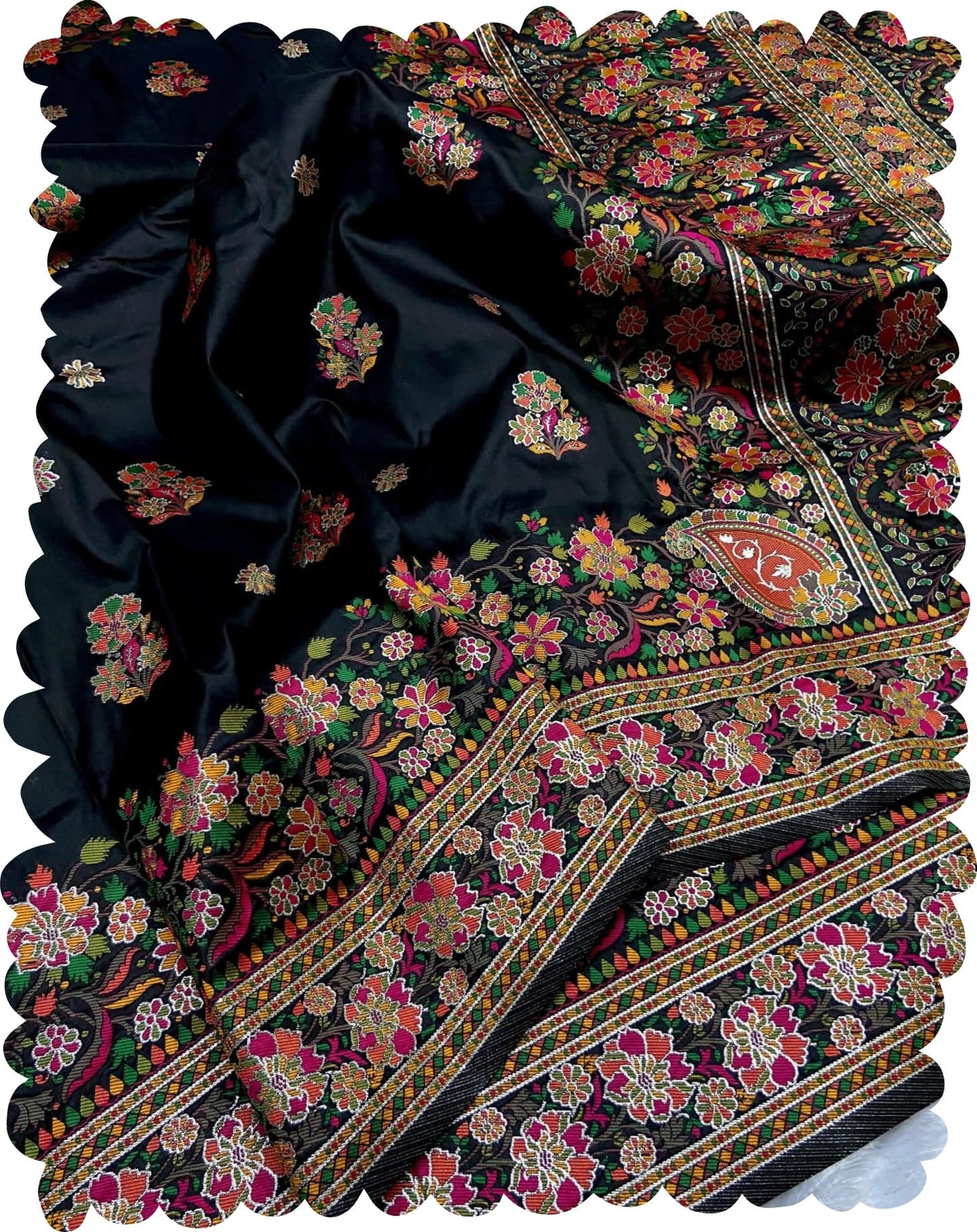 Veglari Women's Kanchipattu Phasmina Silk Hand Work Pure Jari Wewing Original Kanjivaram Jacqurad Rajwadi Print Kalmkari Sarees With Blouses Piecs And Zalar