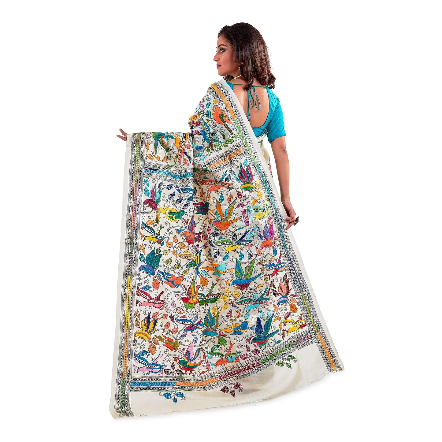 PRANTIKA Women's Pure Bangalore Silk Handloom Kantha Stitch Saree White K157AA