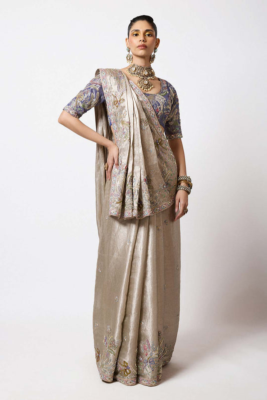 Émaurie - Metallic Pewter Banarasi Tissue Brocade Saree