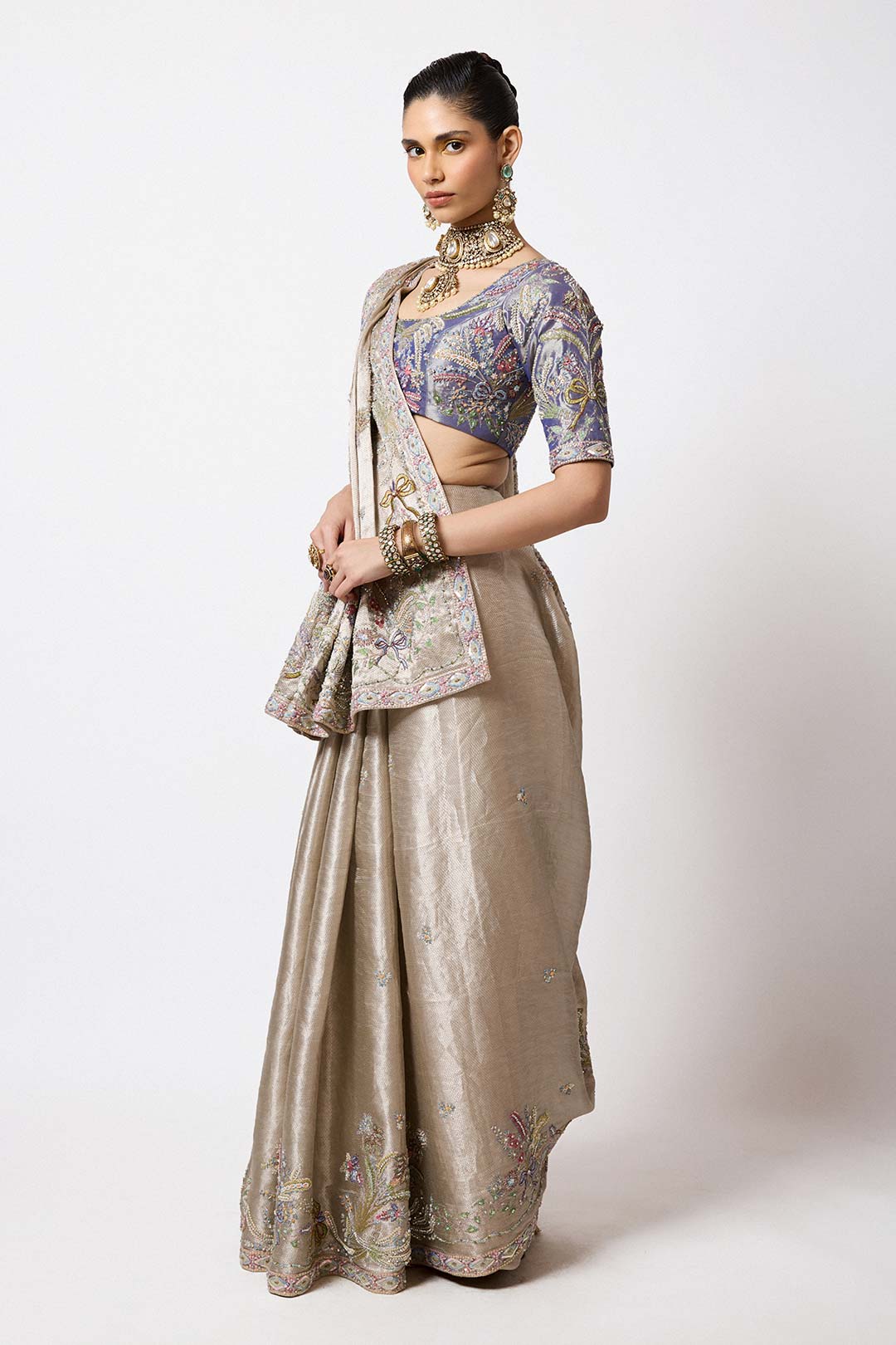Émaurie - Metallic Pewter Banarasi Tissue Brocade Saree