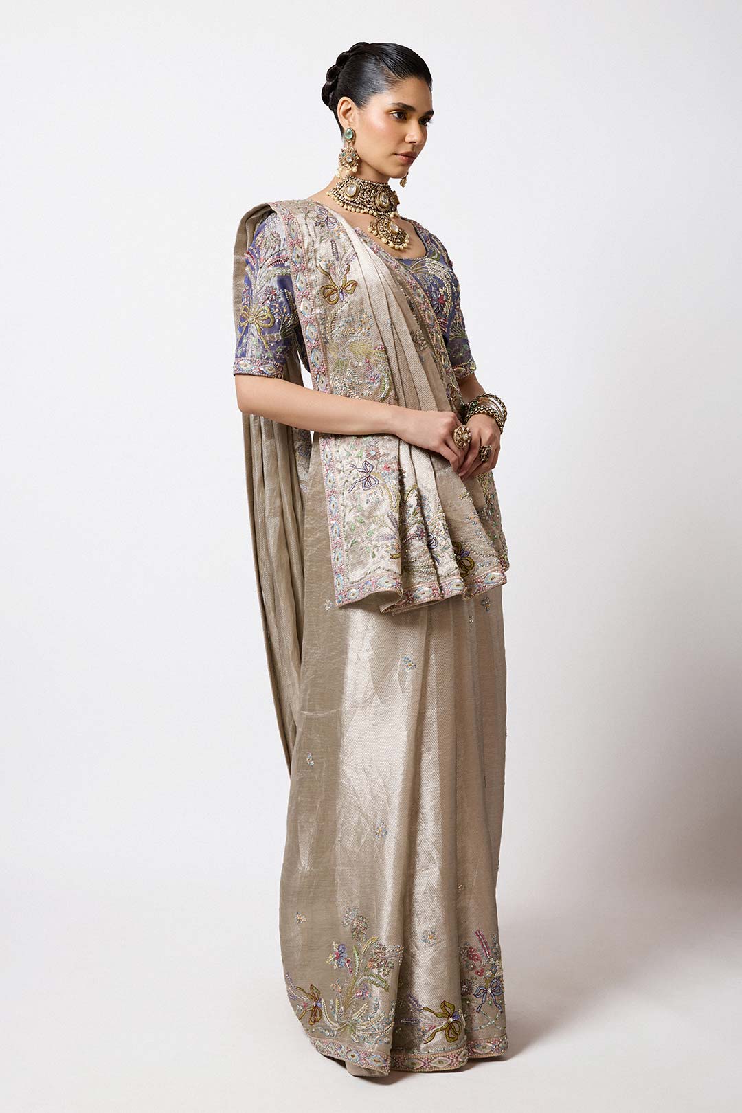 Émaurie - Metallic Pewter Banarasi Tissue Brocade Saree