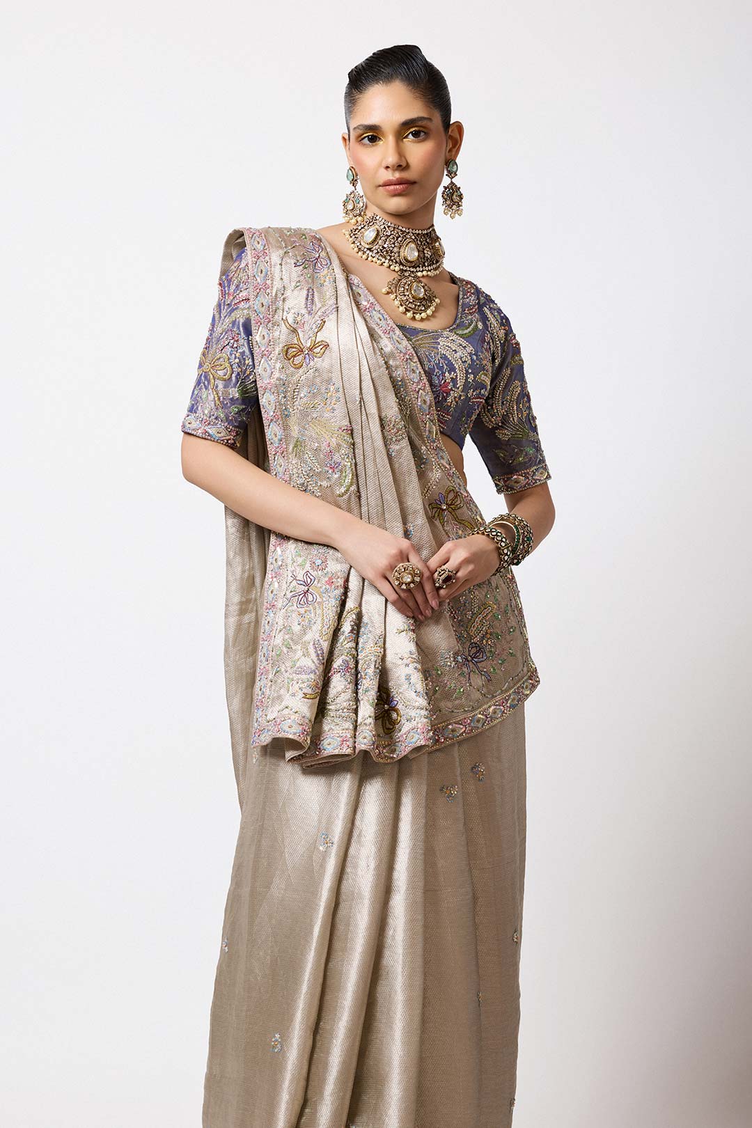 Émaurie - Metallic Pewter Banarasi Tissue Brocade Saree