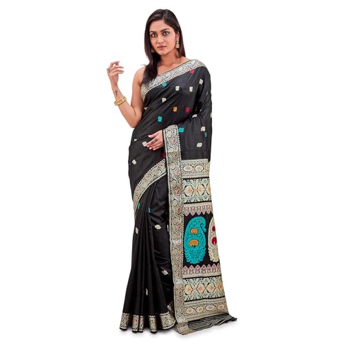 PRANTIKA Women's Bishnupuri Katan Silk Meenakari Revival Original Baluchari Swarnachari Bengal Saree Black