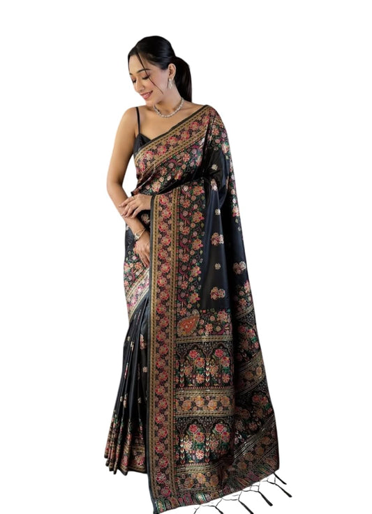 Veglari Women's Kanchipattu Phasmina Silk Hand Work Pure Jari Wewing Original Kanjivaram Jacqurad Rajwadi Print Kalmkari Sarees With Blouses Piecs And Zalar