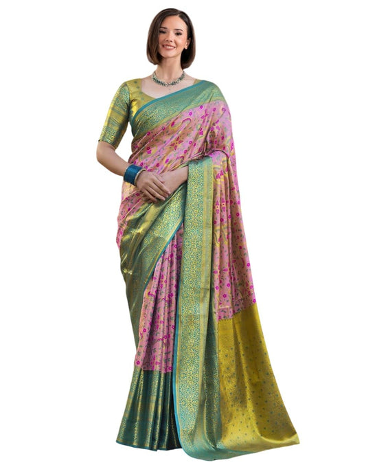 Veglari Women's Kanchipattu Hand Wowen Pure Jari Wewing Original Kanjivaram Jacqurad Rajwadi Himbavat Original Pink Colour Print Kalmkari Sarees With Blouses Piecs For Wedding