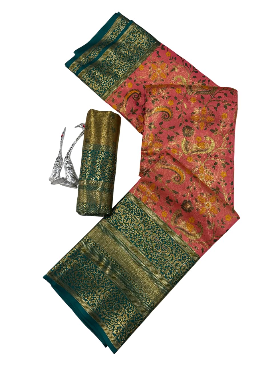 Veglari Women's Kanchipattu Hand Wowen Pure Jari Wewing Original Kanjivaram Jacqurad Rajwadi Himbavat Original Pink Colour Print Kalmkari Sarees With Blouses Piecs For Wedding