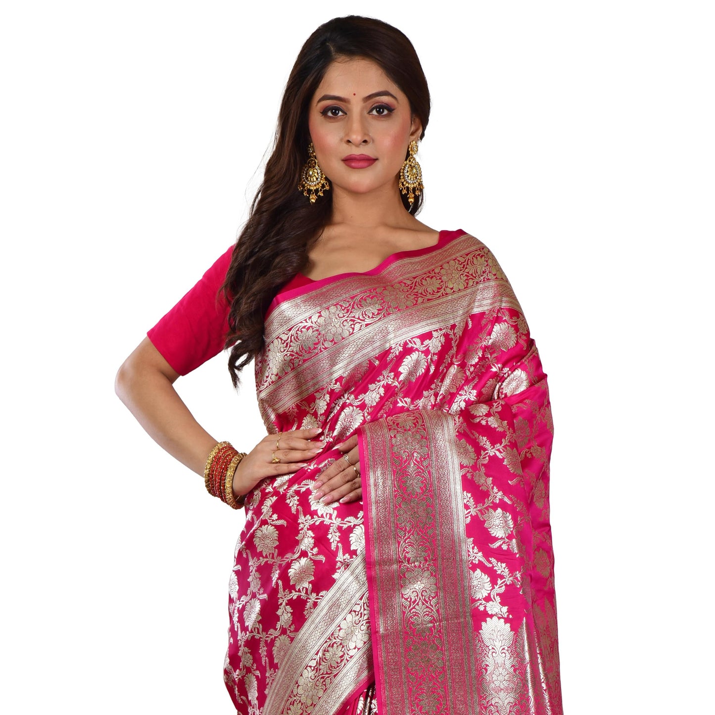 Aishani Collection Woven Pure Katan Silk Banarasi Wedding Traditional Saree for Women with bp (Multicolor) (Dark Pink3)