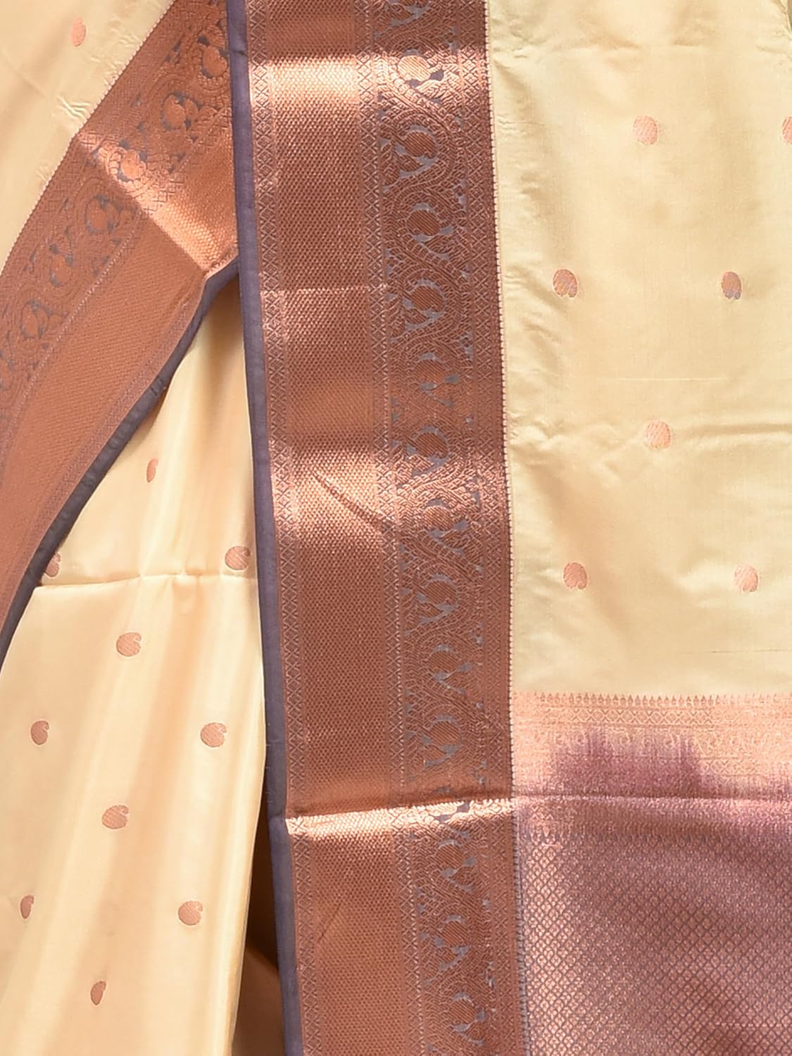 Stotra Beige Butta Design Pure Kanjeevaram Silk Saree with Purple Border