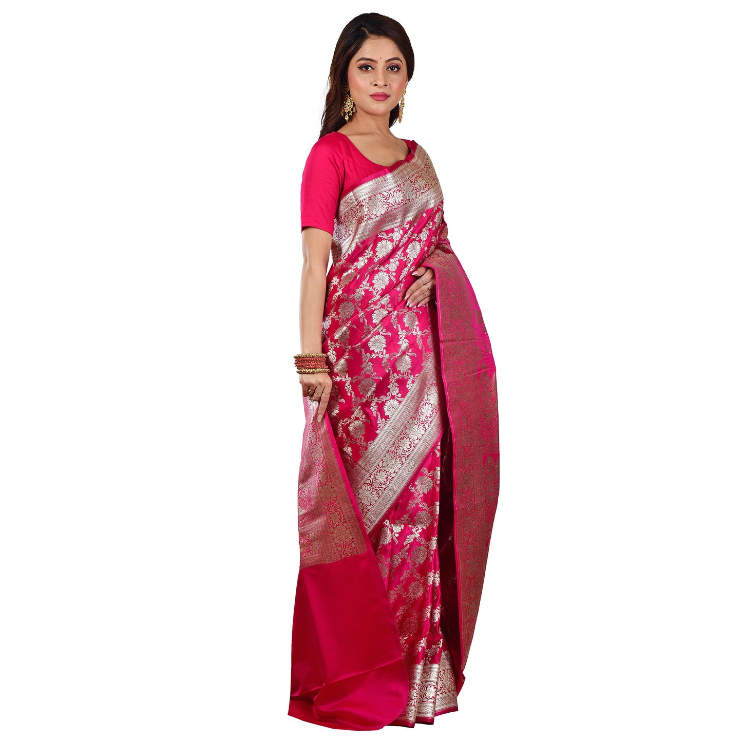 Aishani Collection Woven Pure Katan Silk Banarasi Wedding Traditional Saree for Women with bp (Multicolor) (Dark Pink3)