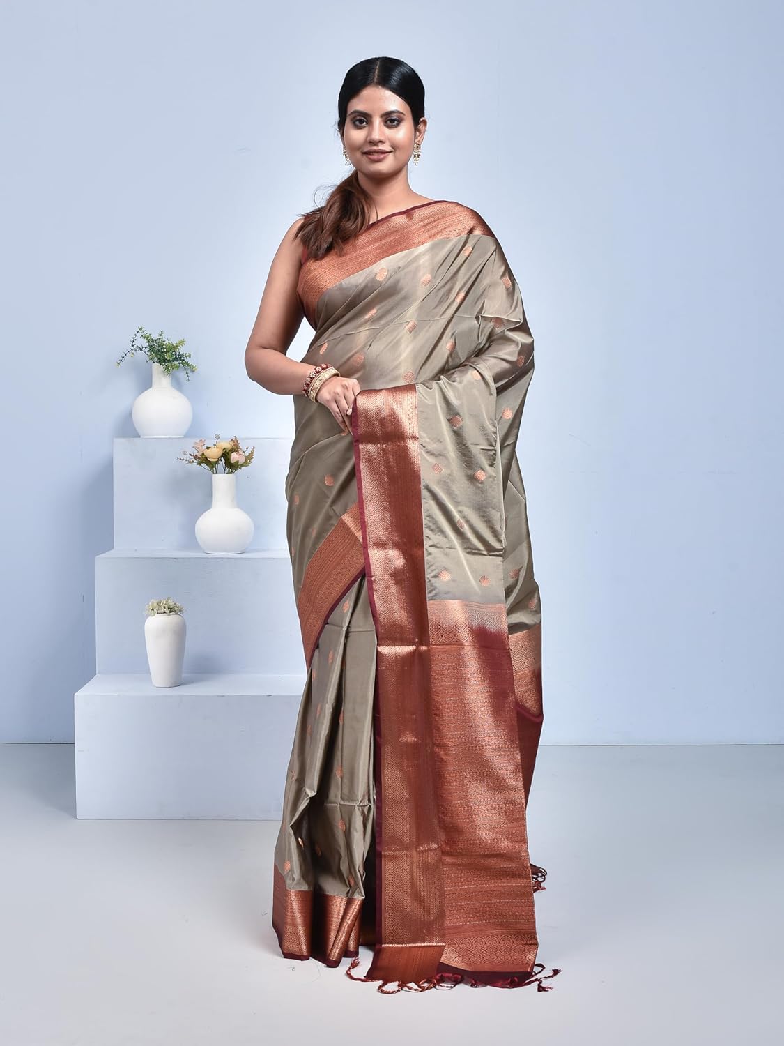 Stotra Grey Floral Butta Design Pure Kanjeevaram Silk Saree with Maroon Border