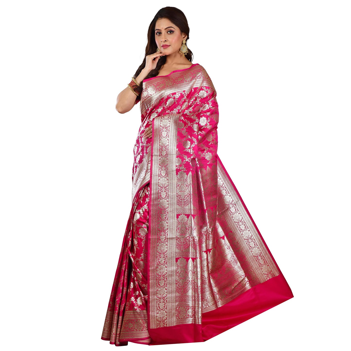 Aishani Collection Woven Pure Katan Silk Banarasi Wedding Traditional Saree for Women with bp (Multicolor) (Dark Pink3)